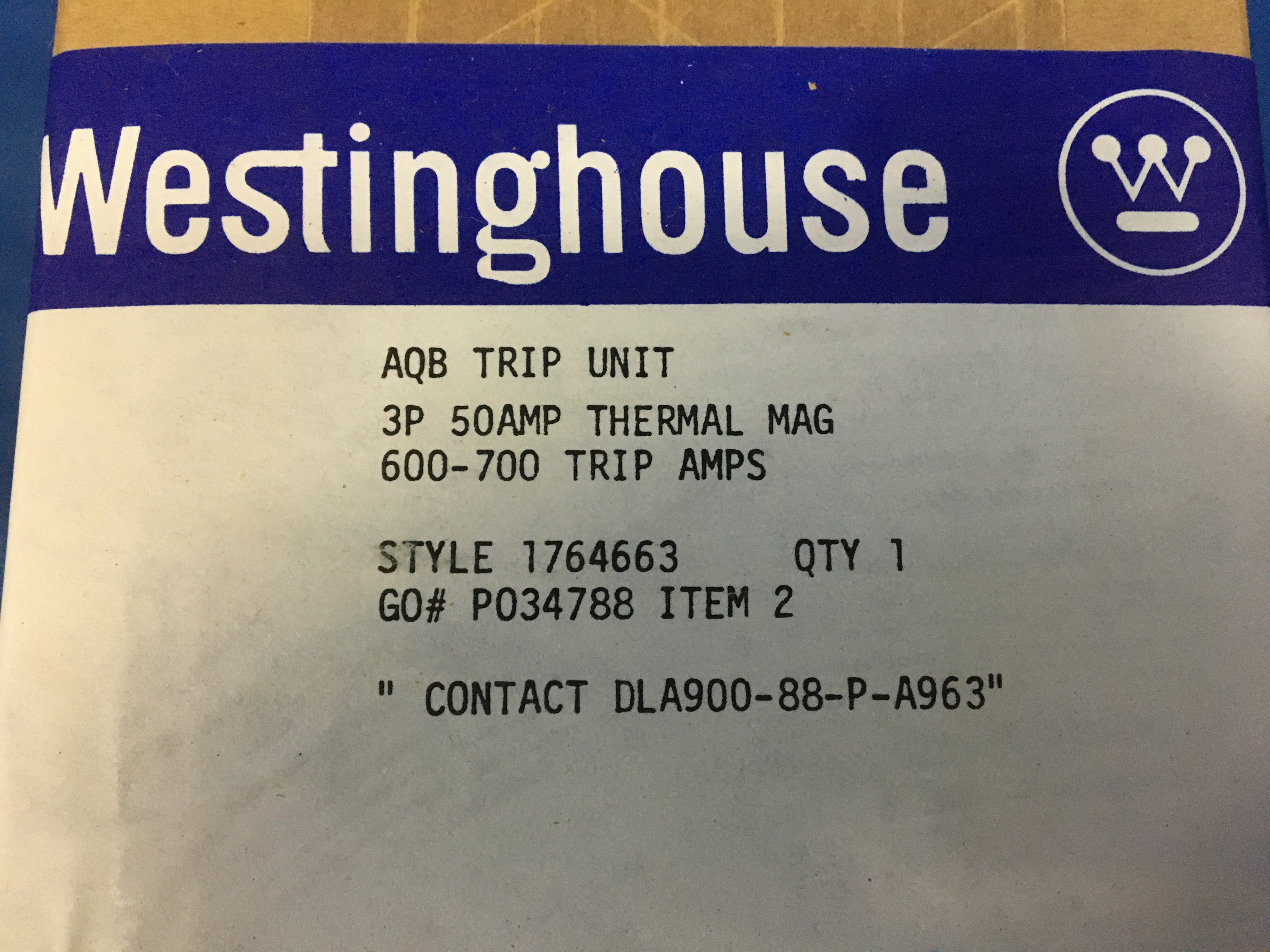 Westinghouse S1764463 AQB Trip Unit 3P/50AMP,600-770 Trip Amps NSN:5925-00-248-1443
