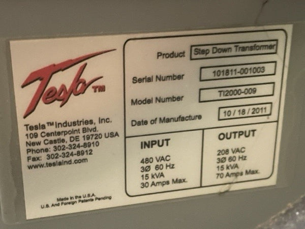 Tesla TI2000-009 Step Down Transformer 15 kVA, 3-phase, 60 Hz