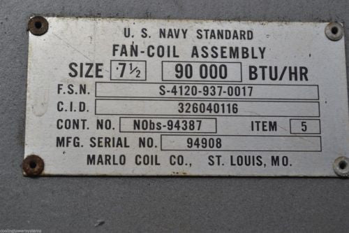 Fan Coil Unit Air Conditioner 7.1/2" 90.900 BTU NSN 4120-00-937-0017