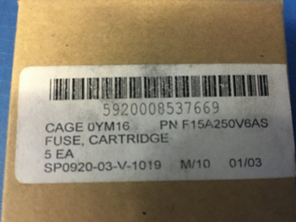 Box of 5 Bussman Fuse 250V 6A Silver Plated NSN:5920-00-853-7669 Model:F15A250V6AS