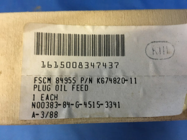 Kaman Aerospace Corp Plug Oil Feed P/N:K674730-11 NSN: 1615-00-834-7437