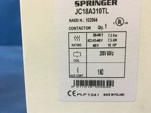 Springer Controls 18Amp Magnetic Contactor P/N:JC18A310TL NSN:6110-01-493-8902