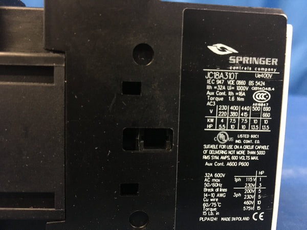 Springer Controls 18Amp Magnetic Contactor P/N:JC18A310TL NSN:6110-01-493-8902