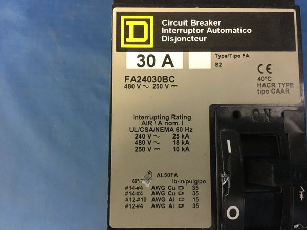 Square D Thermal-Magnetic Circuit Breaker FA24030BC / 30 Amp / 2 Pole / 480VAC