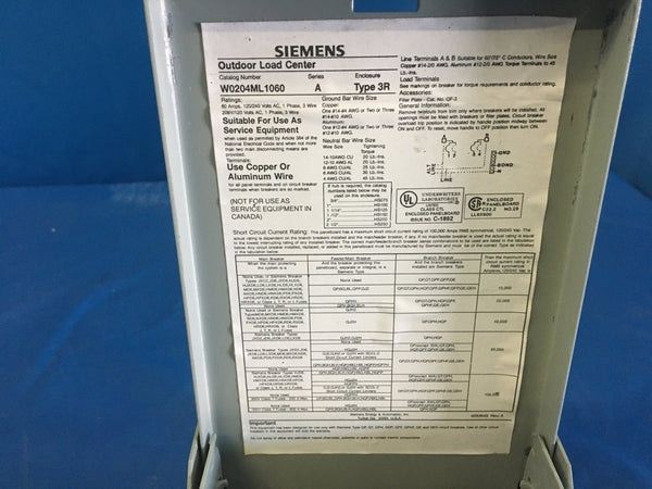 Siemens W0204ML1060 Outdoor Load Center 60A Main Lug