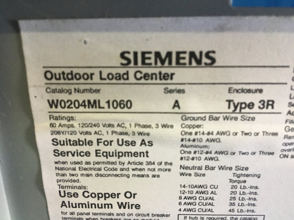 Siemens W0204ML1060 Outdoor Load Center 60A Main Lug
