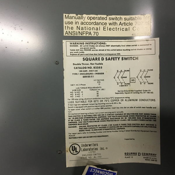 Square D 82353 100A 240V Double Throw Non Fusible Safety Switch