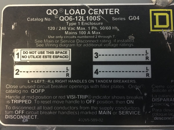 Square D QO6-12L100S Load Center 100Amp 240V Max 6-Space 12-Circuit