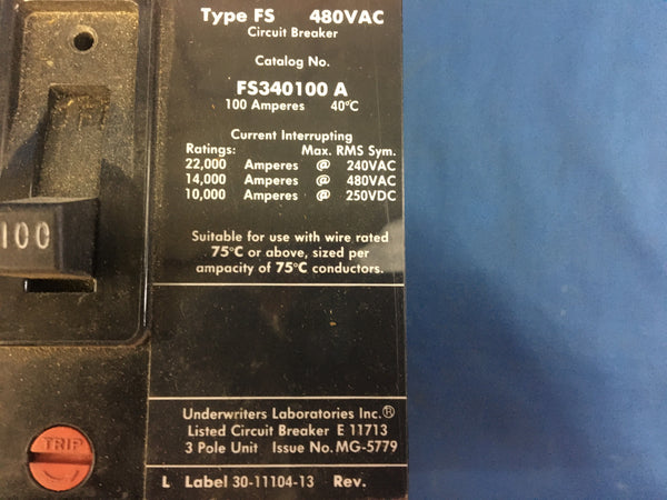 Eaton Cutler Hammer FS340100A, 100A 3P 480VAC Circuit Breaker