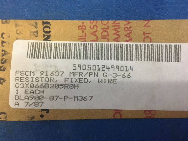 Vishay G-3-66 Inductive Wire Wound Fixed Resistor 205 OHMS NSN:5905-01-249-9014 Model:J690P2050A