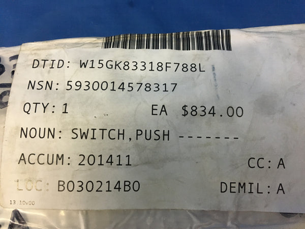 NOS David Clark 40597G-03 Push Switch for An/tsq-17 (v) 1 NSN:5930-01-457-8317