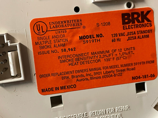 BRK 5919TH Photoelectric Smoke Detector NSN:6350-01-234-6226