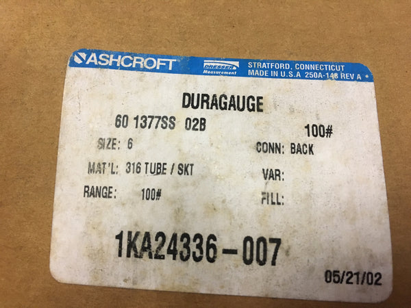 Ashcroft 60-1377SS02B100 Dial Indicating Pressure Gage NSN:6685-01-008-7584