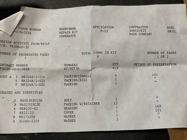 Sacramento Air Logistics Center 7930640-30 Generator Repair Kit NSN:6115-01-078-3256