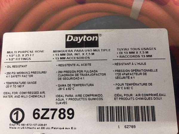 Dayton 1/2" ID x 25' Flexible Rubber Compressor Air Hose, 250 PSI, P/N 6Z789 NSN:4720-01-432-9467