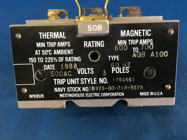 Westinghouse S1764463 AQB Trip Unit 3P/50AMP,600-770 Trip Amps NSN:5925-00-248-1443