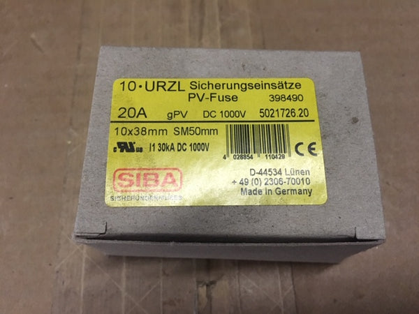 (10) New Siba 5021726.20 PV Fuse 20 Amp,1000 Volt, DC