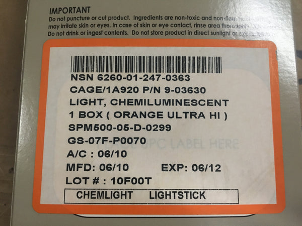 (10) ChemLight Super High Intensity Tactical Lights, Orange NSN:6260-01-247-0363 Model:9-03630
