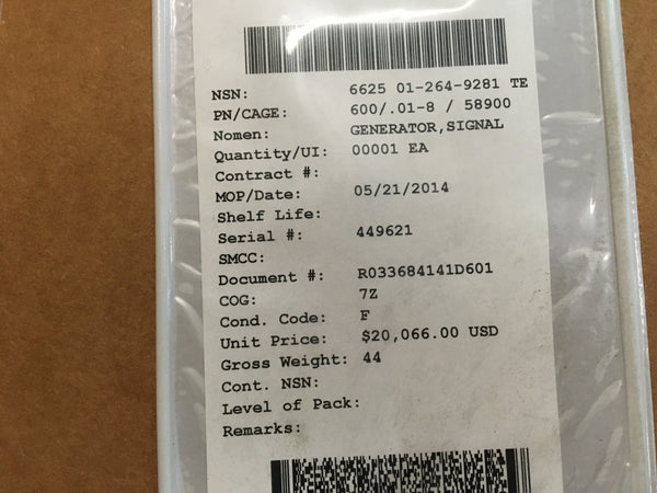 Signal Generator NSN:6625-01-264-9281 Model:600/.01-8-03-06