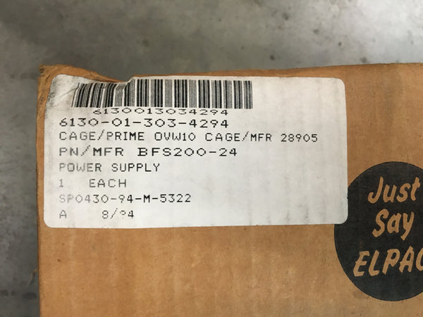 NEW!! Elpac Power Supply BFS200-24, 27.3V, 7.5AMP, 105/115/125VAC, NSN:6130-01-303-4294 Model:13027828