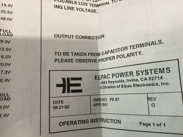 NEW!! Elpac Power Supply BFS200-24, 27.3V, 7.5AMP, 105/115/125VAC, NSN:6130-01-303-4294 Model:13027828