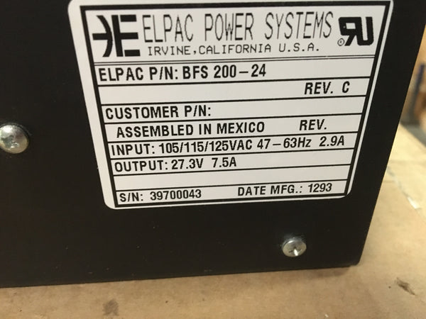 NEW!! Elpac Power Supply BFS200-24, 27.3V, 7.5AMP, 105/115/125VAC, NSN:6130-01-303-4294 Model:13027828