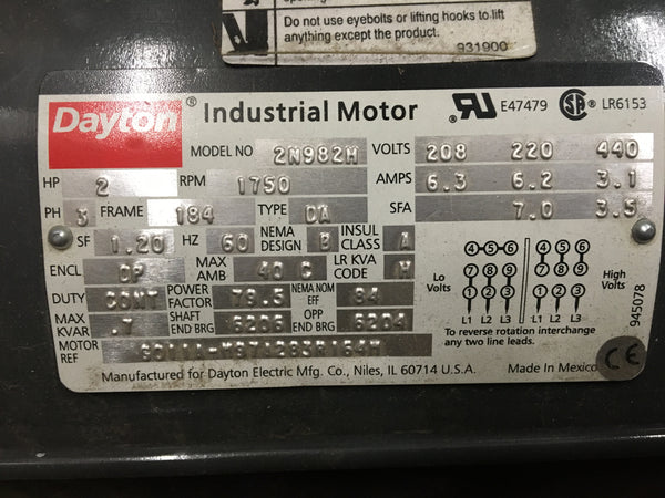 Dayton Tri-Volt Industrial Motor Model:2N982 NSN:6105DSMOTOROO