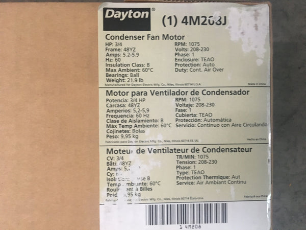 Dayton 4M208J 3/4 HP 1075 RPM 208-230 Volts Condenser Fan Motor NSN:6105-01-494-1217 Model:4M208J