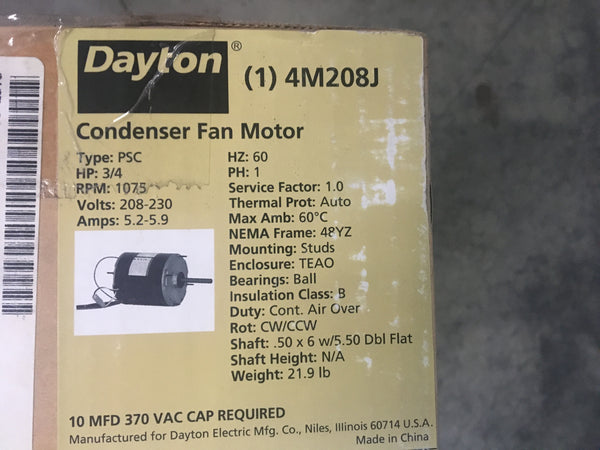 Dayton 4M208J 3/4 HP 1075 RPM 208-230 Volts Condenser Fan Motor NSN:6105-01-494-1217 Model:4M208J