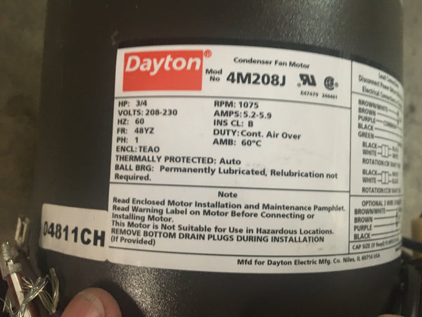 Dayton 4M208J 3/4 HP 1075 RPM 208-230 Volts Condenser Fan Motor NSN:6105-01-494-1217 Model:4M208J