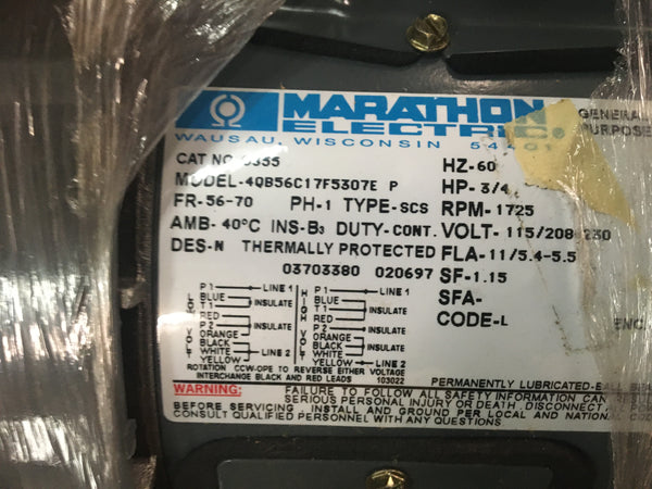 Marathon AC Motor Model:4QB56C17F5307E P,3/4HP,115/208-230,1PH, 1725RPM NSN:6105-01-212-1246