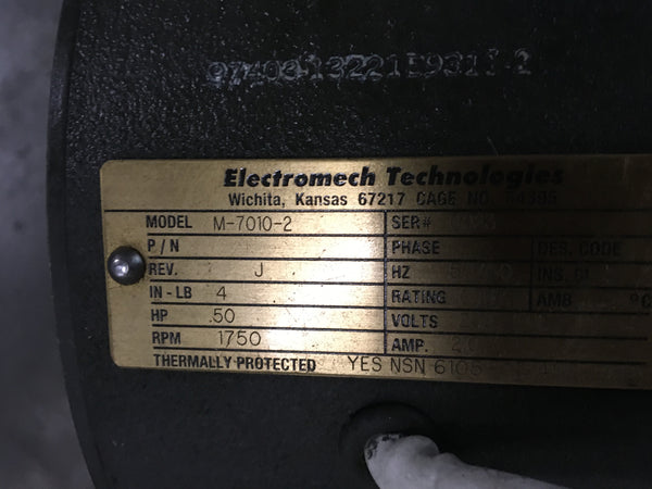 Electromech Tech AC Motor .50HP, 1750RPM, 208V, 2.0AMP NSN:6105-01-452-2567 Model:13221E9311