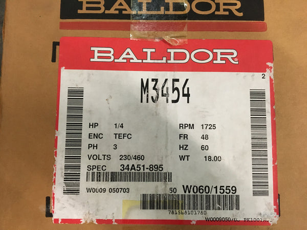 NEW!!! Baldor M3454 Motor 1/4HP 1725 RPM 230/460V TEFC NSN: 6105-01-250-5139