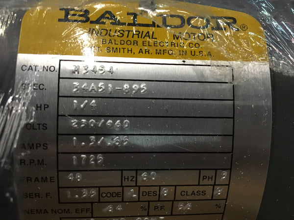 NEW!!! Baldor M3454 Motor 1/4HP 1725 RPM 230/460V TEFC NSN: 6105-01-250-5139