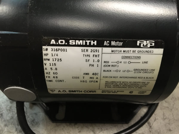 A.O. Smith 316P001 AC Motor, 1/4HP, 115V, 1725RPM, 1PH, NSN:6105-00-125-7964