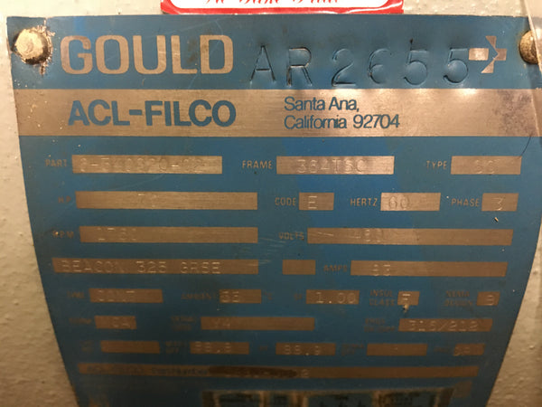 Gould (ACL-Filco) 70HP AC Motor 460v/3phase/60Hz 1800 RPM Model:AR2655 NSN:6105-01-130-2064