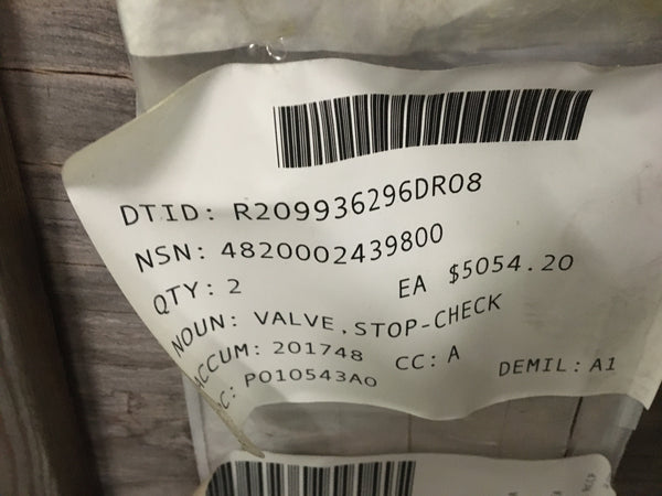 Prima Valve 6" Stop-Check Valve NSN:4820-00-243-9800 P/N:803-1385541-063AF
