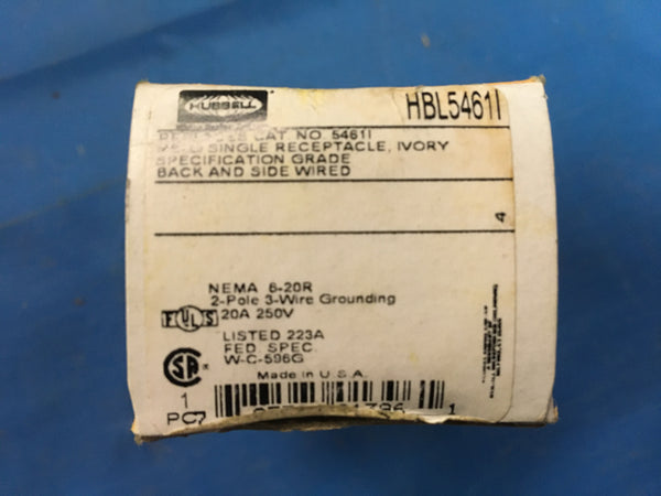 Hubbell HBL5461I, Single Receptacle, 20A /250V / 2 Pole /3 Wire Grounding, Ivory