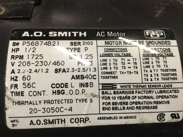 A.O. Smith P56B74B21 AC Motor, 1/2HP, 208-230/460V, 1725RPM, 3PH, 56C FR