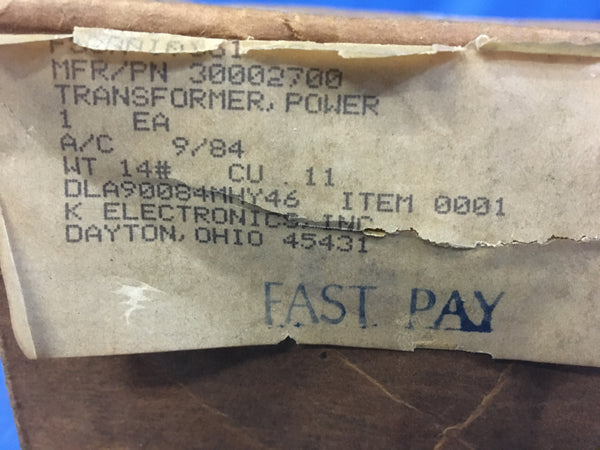 Control Data Systems Power Transformer NSN:5950-01-072-3968 Model:30002700