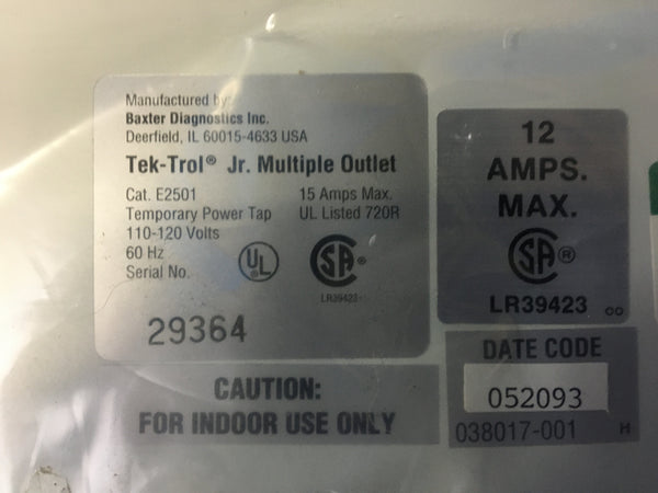 Baxter Scientific E2501 Hospital Grade 6 Plug Outlet Box 15AMP 110/220V
